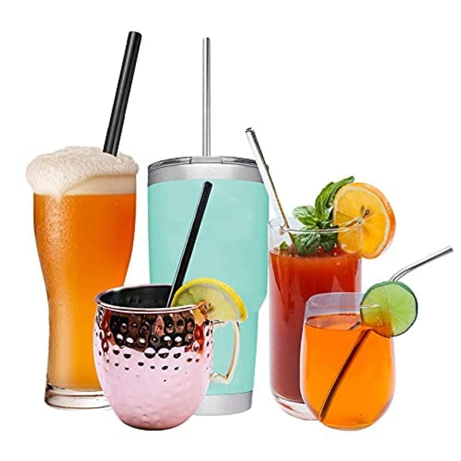 No Worries Atoll Reusable Metal Stainless Steel Straw Set of 12 Short 6” Cocktail 8.5” Smoothie and 10.5” Tumbler Drinking Straws Black and Silver Home Bar Backyard Essentials