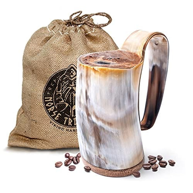 Norse Tradesman Horn Coffee Mug -12 oz Handcrafted Ox-Horn - Double Sealed For Hot Liquids - Wide Mouth Coffee Tankard