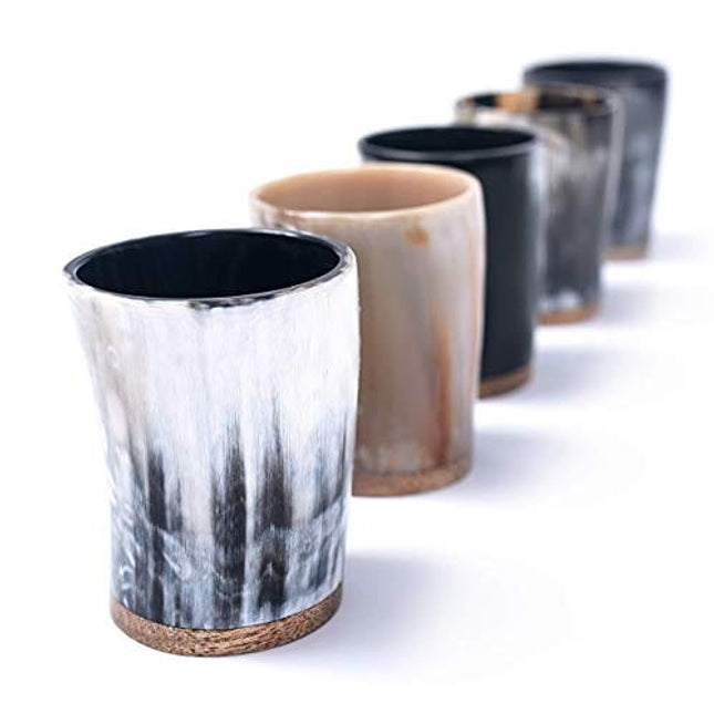 Norse Tradesman Ox-Horn Shot Glass Set (5) - 2 oz Mini-Drinking Horns for Toasting Spirits