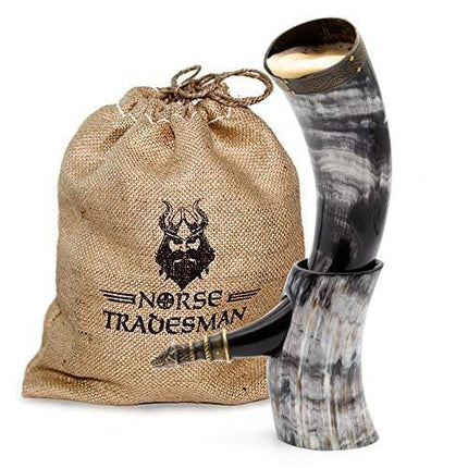 Norse Tradesman Genuine 12" Ox-Horn Viking Drinking Horn With Horn Stand & Brass Wolf Adornments | Burlap Gift Sack Included |"The Fenrir", Polished, 12-Inch