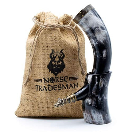Norse Tradesman Genuine 12" Ox-Horn Viking Drinking Horn With Horn Stand & Brass Wolf Adornments | Burlap Gift Sack Included |"The Fenrir", Polished, 12-Inch