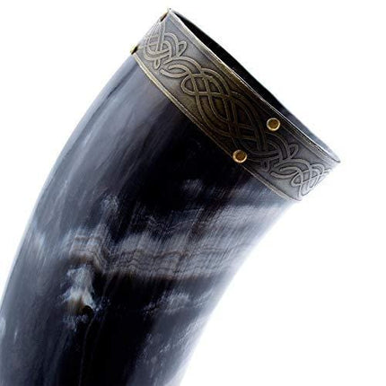 Norse Tradesman Genuine 12" Ox-Horn Viking Drinking Horn With Horn Stand & Brass Wolf Adornments | Burlap Gift Sack Included |"The Fenrir", Polished, 12-Inch