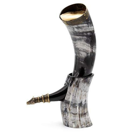 Norse Tradesman Genuine 12" Ox-Horn Viking Drinking Horn With Horn Stand & Brass Wolf Adornments | Burlap Gift Sack Included |"The Fenrir", Polished, 12-Inch