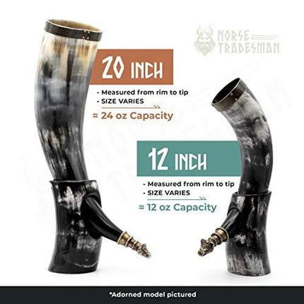 Norse Tradesman Genuine 12" Ox-Horn Viking Drinking Horn With Horn Stand & Brass Wolf Adornments | Burlap Gift Sack Included |"The Fenrir", Polished, 12-Inch