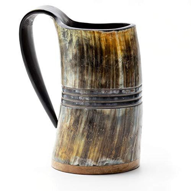 Norse Tradesman Genuine Viking Drinking Horn Mug - 100% Authentic Beer Horn Tankard w/Rosewood Bottom & Ring Engravings |"The Eternal", Unpolished, Large