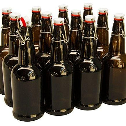 North Mountain Supply 16 oz Amber Glass Grolsch-Style Beer Brewing Fermenting Bottles - with Ceramic Swing Top Caps - Case of 12