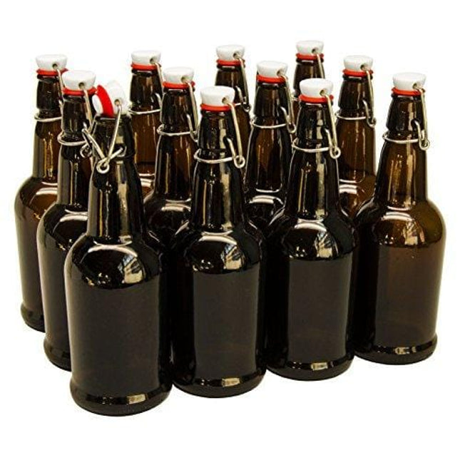 North Mountain Supply 16 oz Amber Glass Grolsch-Style Beer Brewing Fermenting Bottles - with Ceramic Swing Top Caps - Case of 12