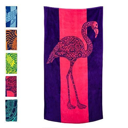 Nova Blue Flamingo Beach Towel – Pink and Purple with A Cute Design, Extra Large, XL (34”x 63”) Made from 100% Cotton for Kids & Adults