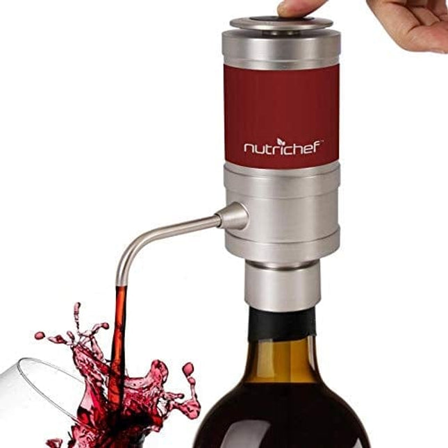 Electric Wine Aerator Dispenser Pump - Portable and Automatic Bottle Breather Tap Machine - Air Decanter Diffuser System for Red and White Wine w/ Unique Metal Pourer Spout - NutriChef PSLWPMP50