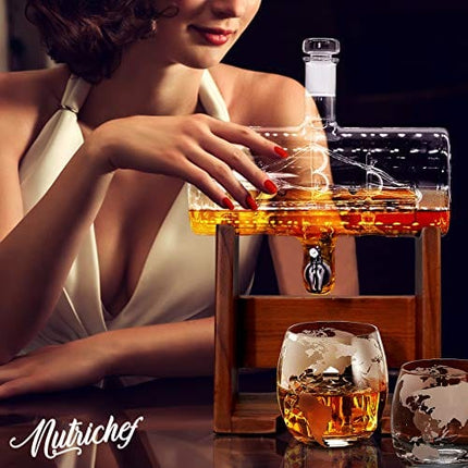 Glass Whiskey Decanter with Glasses -1100ml Barrel Whiskey Carafe Alcohol Decanter Set, Lead Free Decanter w/ Spigot, Stopper & Base, For Brandy Wine Cognac Rum Gin Scotch Bourbon - NutriChef
