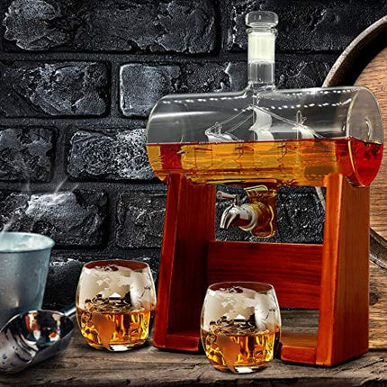 Glass Whiskey Decanter with Glasses -1100ml Barrel Whiskey Carafe Alcohol Decanter Set, Lead Free Decanter w/ Spigot, Stopper & Base, For Brandy Wine Cognac Rum Gin Scotch Bourbon - NutriChef