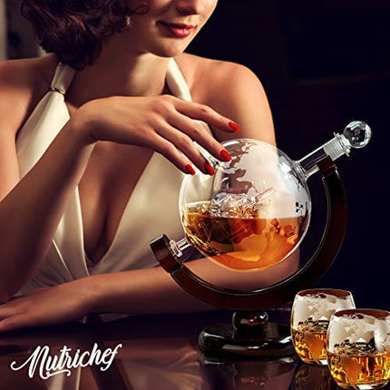 NutriChef Glass Whiskey Decanter - 850ml Globe Whiskey Carafe Alcohol Decanter Set with Glasses , Liquor Lead Free Decanter w/ Stopper & Base, For Brandy Wine Cognac Rum Gin Scotch Bourbon