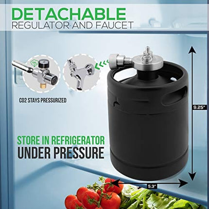 NutriChef Mini Keg Detachable Aluminum Regulator & Tap Spear Easy Storage Black Matte Powder Coated Pressurized Growler Homebrew Beer Dispenser PKBRTP60, 64 Oz