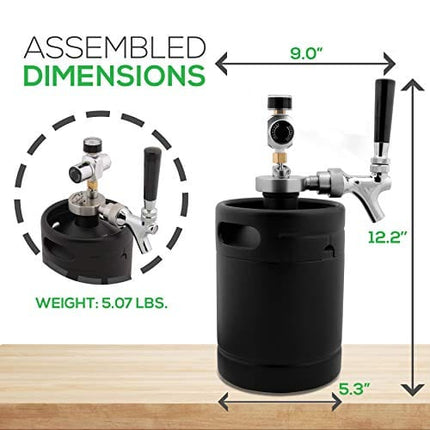 NutriChef Mini Keg Detachable Aluminum Regulator & Tap Spear Easy Storage Black Matte Powder Coated Pressurized Growler Homebrew Beer Dispenser PKBRTP60, 64 Oz