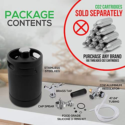 NutriChef Mini Keg Detachable Aluminum Regulator & Tap Spear Easy Storage Black Matte Powder Coated Pressurized Growler Homebrew Beer Dispenser PKBRTP60, 64 Oz