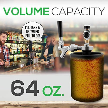 NutriChef Mini Keg Detachable Aluminum Regulator & Tap Spear Easy Storage Black Matte Powder Coated Pressurized Growler Homebrew Beer Dispenser PKBRTP60, 64 Oz