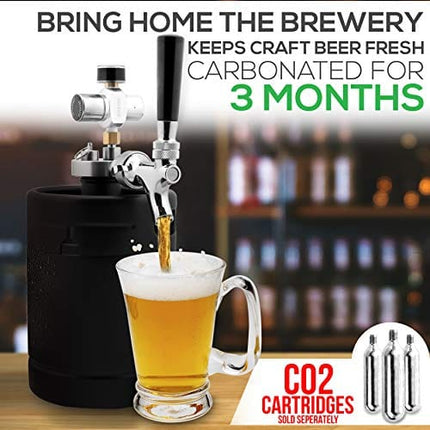 NutriChef Mini Keg Detachable Aluminum Regulator & Tap Spear Easy Storage Black Matte Powder Coated Pressurized Growler Homebrew Beer Dispenser PKBRTP60, 64 Oz