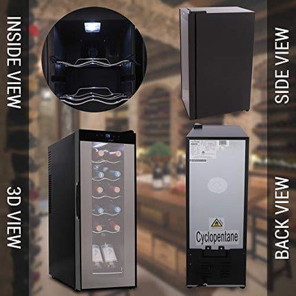 NutriChef PKCWC120 White & Red Cooler-Freestanding Countertop Compact Mini Wine Fridge Chiller 12 Bottle Capacity, Digital Control, Glass Door, Black