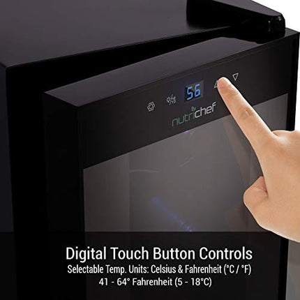 NutriChef PKCWC120 White & Red Cooler-Freestanding Countertop Compact Mini Wine Fridge Chiller 12 Bottle Capacity, Digital Control, Glass Door, Black