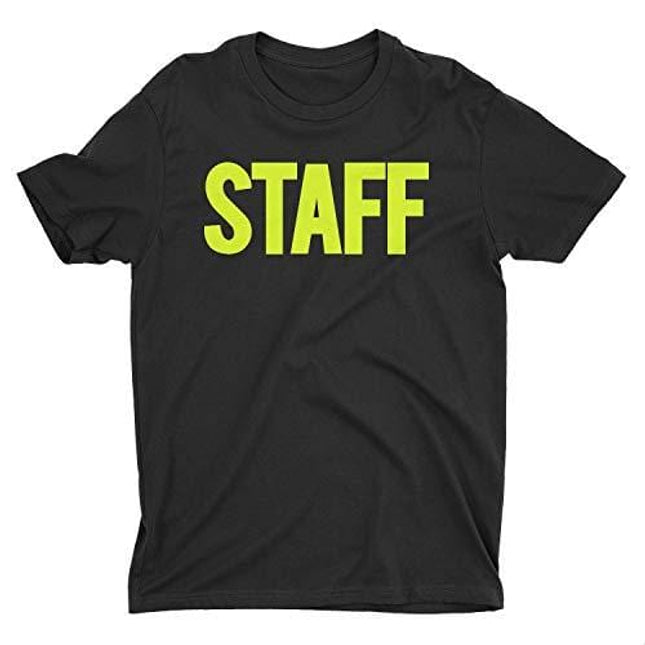 NYC FACTORY Men's Staff T-Shirt Front Back Print Tee Event Uniform Screen Printed Tshirt (Black-Neon, XL)