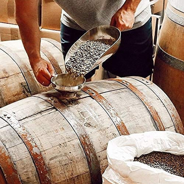 Kentucky Bourbon Whiskey Barrel Aged Coffee, Brazil Single Origin Whole Coffee Bean, Medium Roast w/ Flavor Notes of Chocolate, Caramel, Mandarin Orange, Sweet Bourbon by Oak & Bond Coffee Co. – 10oz.