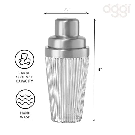 OGGI Vintage Ribbed Glass Cocktail Shaker- 16oz, Stainless Steel Top; Ideal Martini Shaker, Drink Shaker, Bartender Shaker; Make Great Bar Gifts, Cocktail Accessories and Bar Cart Accessories