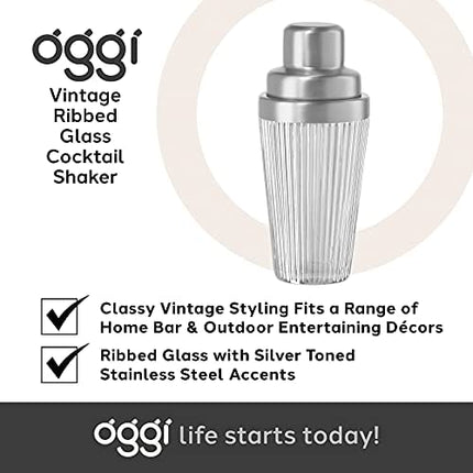 OGGI Vintage Ribbed Glass Cocktail Shaker- 16oz, Stainless Steel Top; Ideal Martini Shaker, Drink Shaker, Bartender Shaker; Make Great Bar Gifts, Cocktail Accessories and Bar Cart Accessories