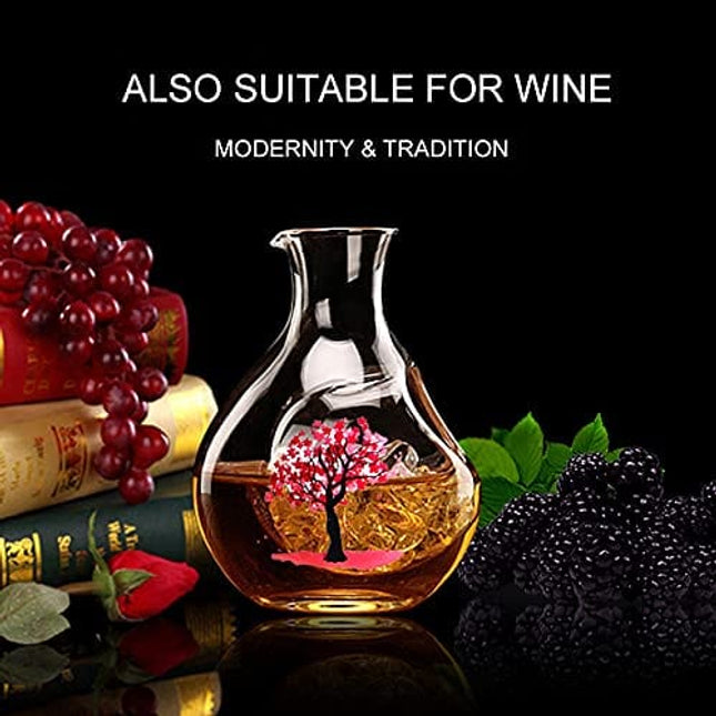 Japanese Sake Sets Include 4 Ochoko Cups +1 Tokkuri Bottle for add ice Refrigeration Sake Pot Dispenser & Double Walled Sake Cups Glass Decanter Carafe Gifts for Sake Lover Party (Crystal Cherry)