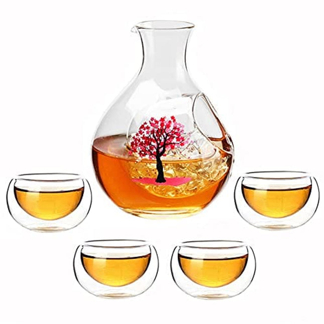 Japanese Sake Sets Include 4 Ochoko Cups +1 Tokkuri Bottle for add ice Refrigeration Sake Pot Dispenser & Double Walled Sake Cups Glass Decanter Carafe Gifts for Sake Lover Party (Crystal Cherry)