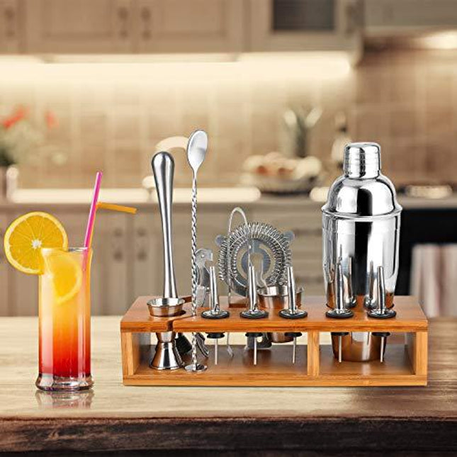 Olebes Bartender Kit, 13-Piece Home Bar Cocktail Shaker Bar Set with Stylish Bamboo Stand, Stainless Steel Bar Tool Set, Great for Home Bartending Kit for Drink Mixing