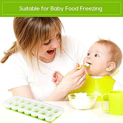 OMORC Cube, Easy-Release Silicone and Flexible 14-Ice Trays with Spill-Resistant Removable Lid, LFGB Certified and BPA Free, 5.Green 2 Pack