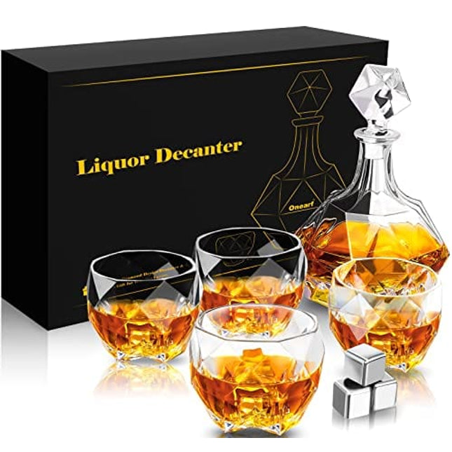 Onearf Whiskey Decanter Sets, 870ml Crystal Liquor Decanter with Whiskey Glasses Set in Magnetic Gift Box, 5 pcs Personalized Bourbon Decanter Set with Stopper for Liquor, Scotch, Bourbon, Brandy