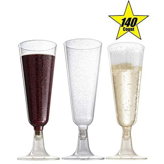 140 pc Plastic Classicware Glass Like Champagne Wedding Parties Toasting Flutes Party Cocktail Cups (Gold Glitter)