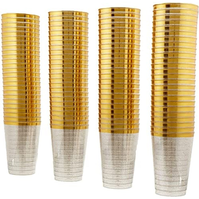 50 Count Hard Plastic 12 Ounce Party Cups Old Fashioned Tumblers Ideal for Home, Office, Bars, Wedding, Bridal and Baby Shower, Birthday, Retirement, Anniversary, Parties (Gold Glitter with Gold Rim)