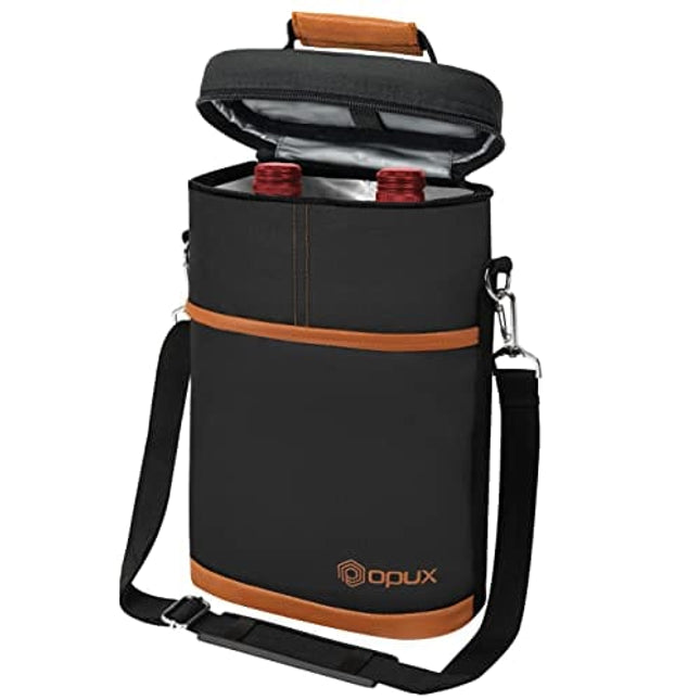 OPUX 2 Bottle Wine Carrier Tote, Insulated Wine Cooler Bag, Leakproof Travel Wine Tote for Picnic Travel BYOB, Padded Portable Wine Bottle Carrier, Gift for Wine Lover Women, Brown
