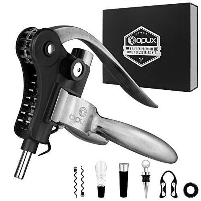 OPUX Wine Bottle Opener Corkscrew Set | Wine Opener Accessories Kit with Aerator, Foil Cutter, Stopper, Pourer, Drip Ring | Lever Wine Bottle Opener Tools Gift Box for Housewarming, Wedding (Silver)