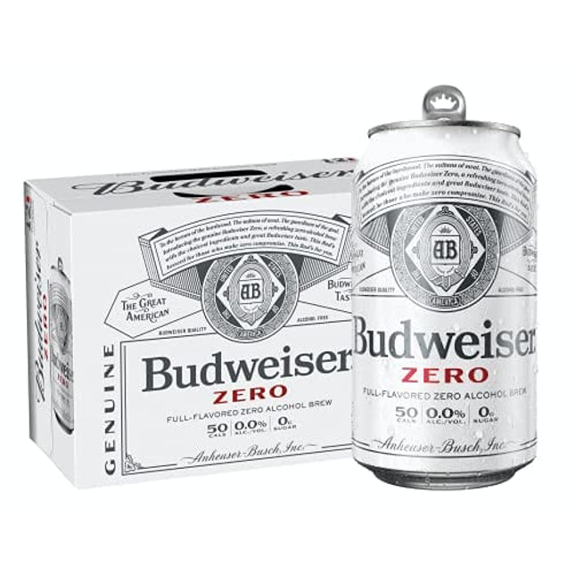 Orchard Hill [Pack of 12] Budweiser Full Flavored Zero Alcohol Brew, 0.00 ALC, NA Non-Alcoholic Beer, 50 Cal, Zero Sugar, Cans, 12 Fl Oz (Pack of 12)