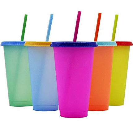 Color Changing Cups, 24 oz 5 Reusable Cups, Lids and Straws BPA Free - Adult Kids Coffee Cup Party Cup [2020 Newest]