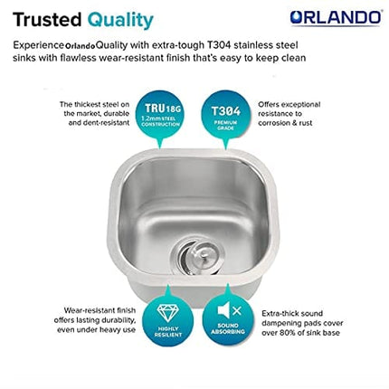ORLANDO 13 x 13 inch Undermount Single Bowl Stainless Steel 18 Gauge Kitchen Bar Sink With Strainer