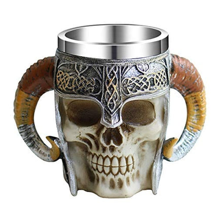 Otartu 13oz Double Handle Viking Ram Horn Skull Mugs Coffee Cups Beer Tankard Stainless Steel Liner Medieval Skull Drinkware Mug for Coffee/Beverage/Juice