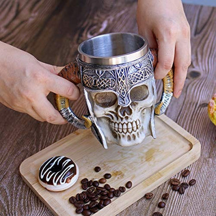 Otartu 13oz Double Handle Viking Ram Horn Skull Mugs Coffee Cups Beer Tankard Stainless Steel Liner Medieval Skull Drinkware Mug for Coffee/Beverage/Juice