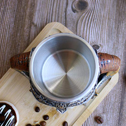 Otartu 13oz Double Handle Viking Ram Horn Skull Mugs Coffee Cups Beer Tankard Stainless Steel Liner Medieval Skull Drinkware Mug for Coffee/Beverage/Juice