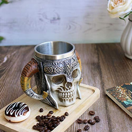 Otartu 13oz Double Handle Viking Ram Horn Skull Mugs Coffee Cups Beer Tankard Stainless Steel Liner Medieval Skull Drinkware Mug for Coffee/Beverage/Juice