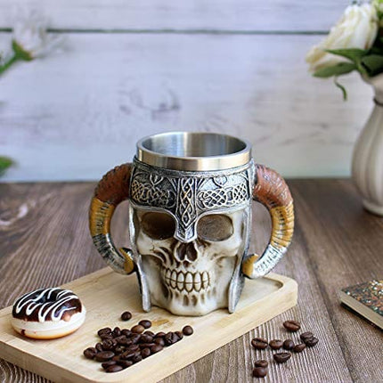 Otartu 13oz Double Handle Viking Ram Horn Skull Mugs Coffee Cups Beer Tankard Stainless Steel Liner Medieval Skull Drinkware Mug for Coffee/Beverage/Juice