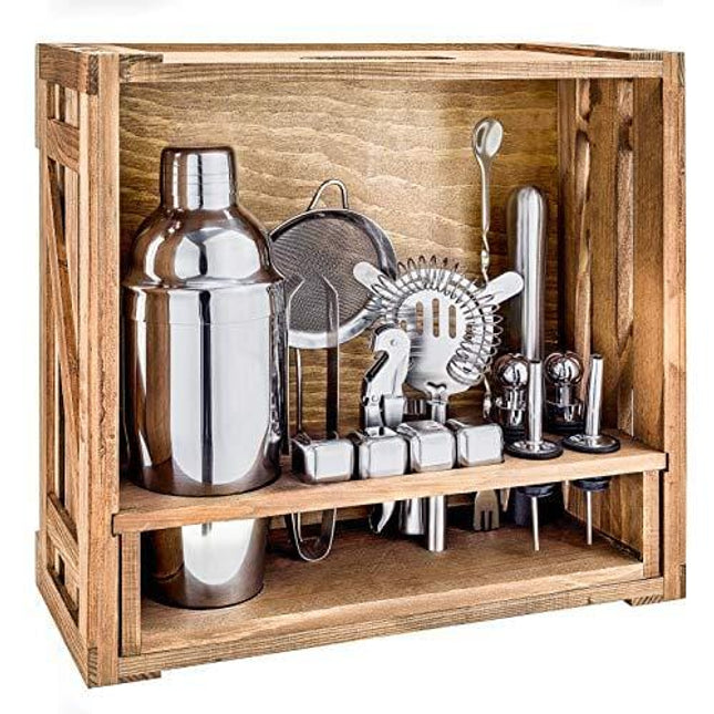 18 Piece Cocktail Shaker Set with Rustic Pine Stand,Gifts for Men Dad Grandpa,Stainless Steel Bartender Kit Bar Tools Set for Christmas Gift,Home, Bars, Parties and Traveling (Silver)