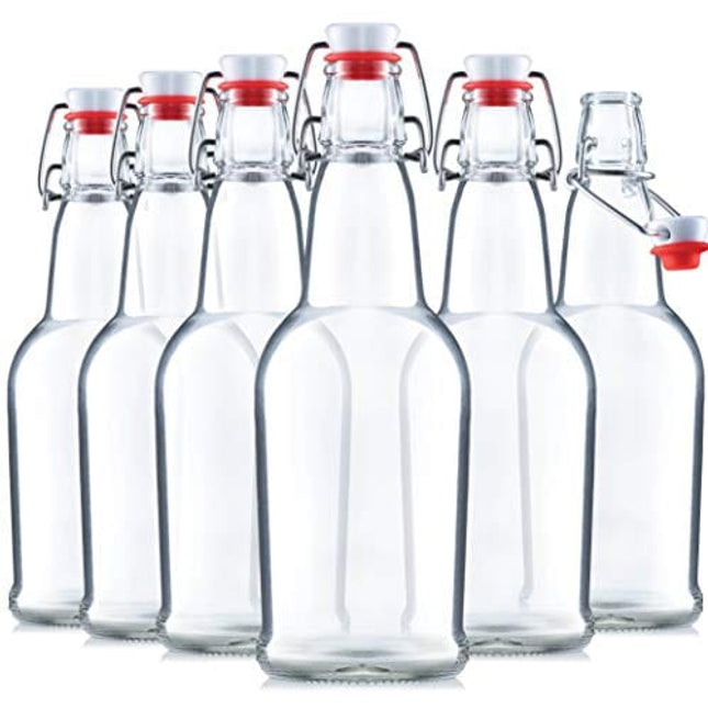 Paksh Novelty Glass Bottles - 16 Ounce Swing Top Beer Bottles with Flip-top Airtight Lid for Carbonated Drinks, Kombucha, 2nd Fermentation, Water - Grolsch Bottle
