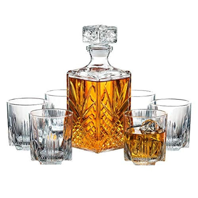 Paksh Novelty 7-Piece Italian Crafted Glass Decanter & Whisky Glasses Set, Elegant Whiskey Decanter with Ornate Stopper and 6 Exquisite Cocktail Glasses