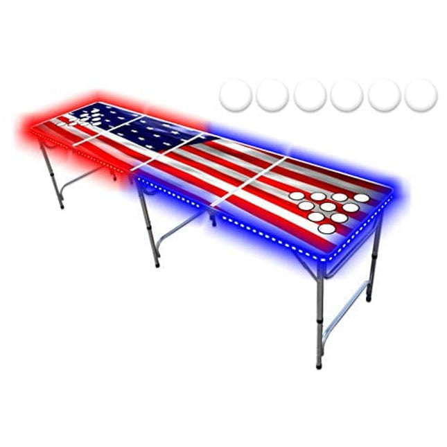 PartyPongTables.com 8-Foot Beer Pong Table w/Cup Holes & LED Lights - USA Edition