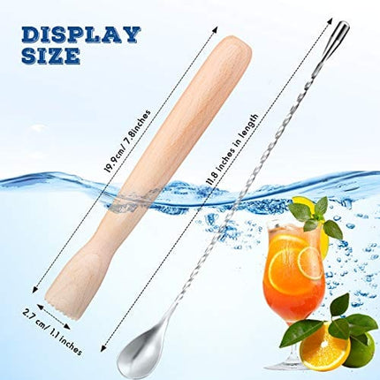 Wooden Cocktail Muddler Drinks Muddler Bar Muddler and 12 Inches Spiral Mixing Spoon Stainless Steel Shaker Spiral Spoon for Making Cocktails Drinks Juice (Blanched Almond)