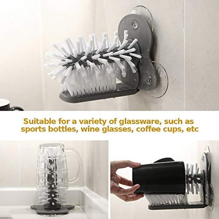 Bottle Cleaning Brush Glass Cup Washer for Sink with Suction Base, Cup Cleaner Brush for Beer Cup, Long Leg Cup, Red Wine Glass and More Bar Kitchen Sink Home Tools Grey